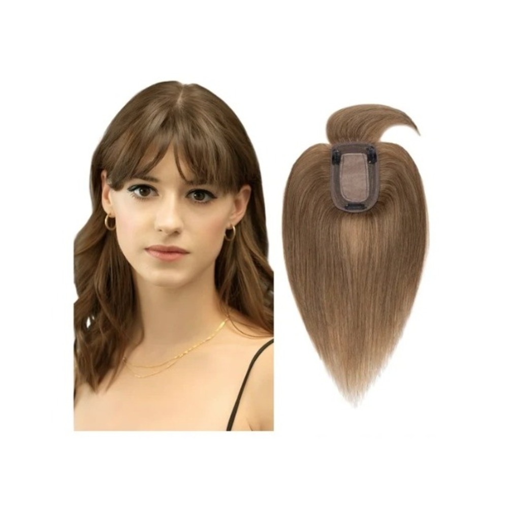 SEGO Human Hair Topper with Bangs 6in Light Brown Silk Base Remy Hairpiece